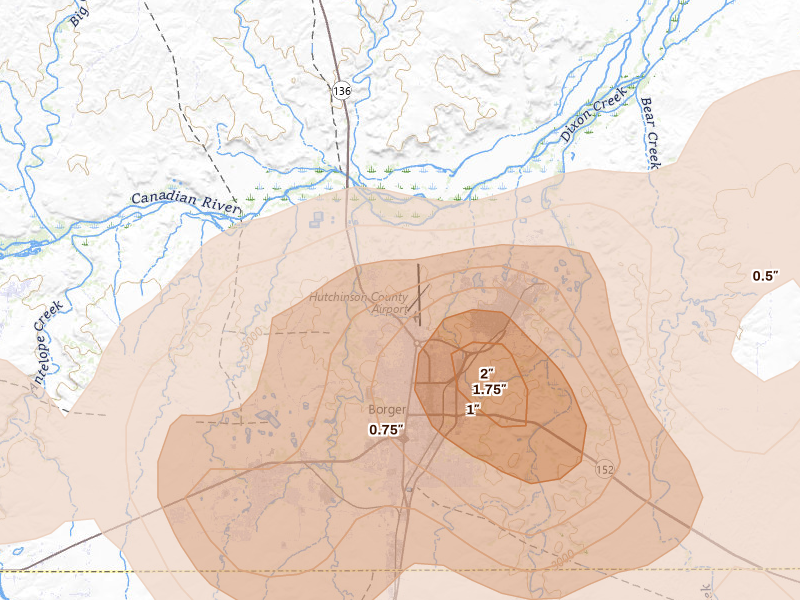Radar-estimated hail-size map of the storm over Borger, TX on Jul 4, 2026