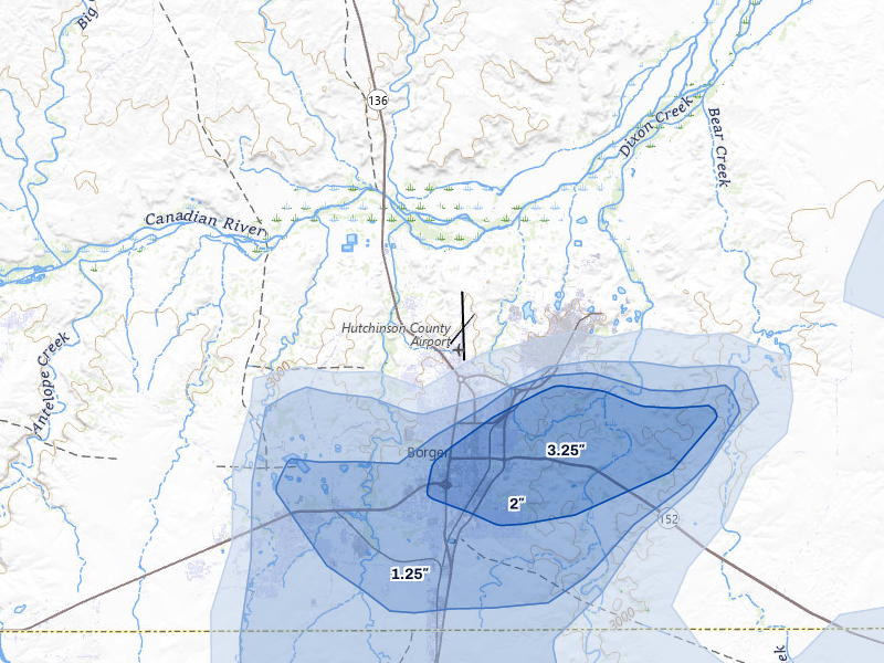 NEXRAD radar-signature map of the hail over Borger, TX