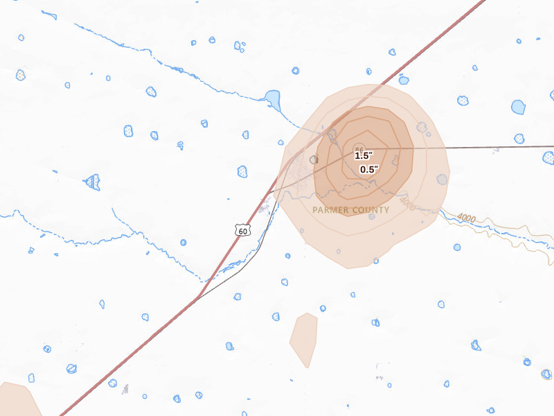 Radar-estimated hail-size map of the storm over Bovina, TX on Aug 27, 2026
