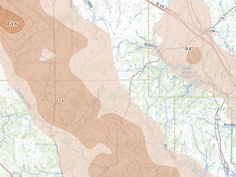 Radar-estimated hail-size map of the storm over Bowie, TX on Apr 25, 2026