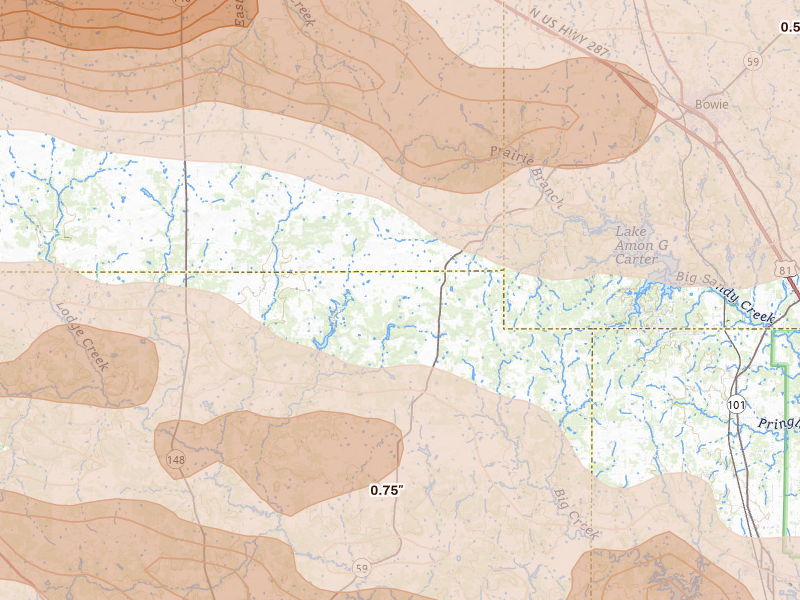 Radar-estimated hail-size map of the storm over Bowie, TX on Apr 28, 2026