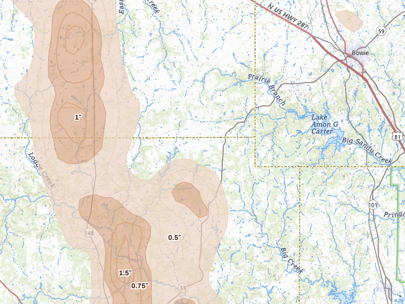 Radar-estimated hail-size map of the storm over Bowie, TX on May 8, 2026