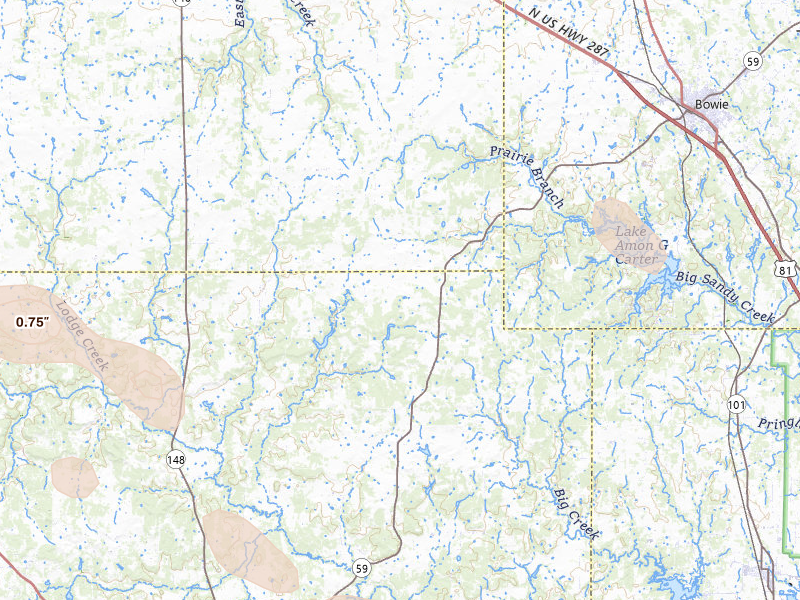 Radar-estimated hail-size map of the storm over Bowie, TX on Jun 23, 2026
