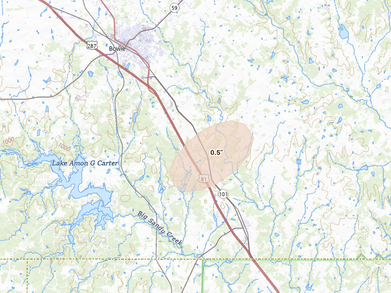 Radar-estimated hail-size map of the storm over Bowie, TX
