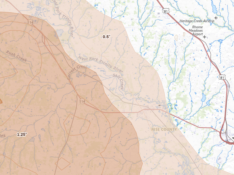 Radar-estimated hail-size map of the storm over Boyd, TX on Apr 25, 2026
