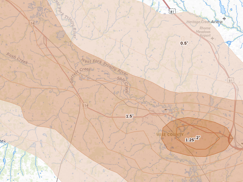 Radar-estimated hail-size map of the storm over Boyd, TX on Apr 28, 2026