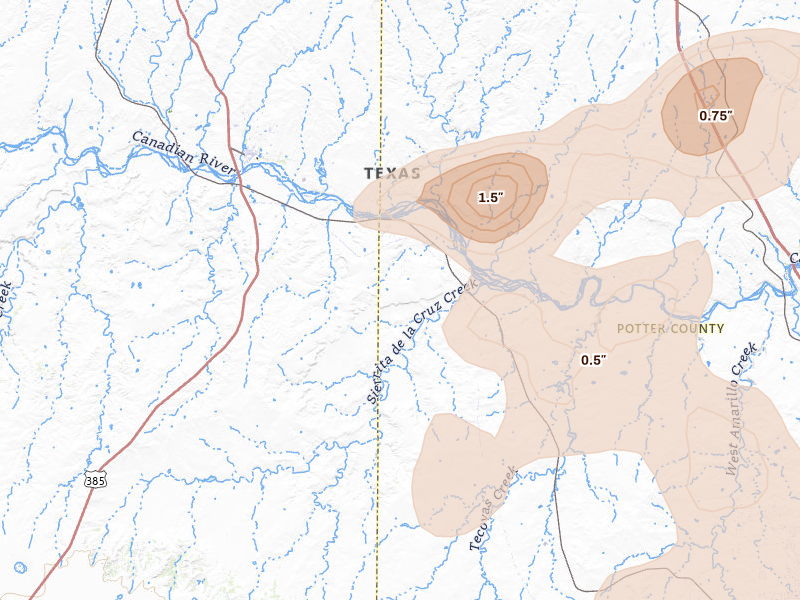 Radar-estimated hail-size map of the storm over Boys Ranch, TX