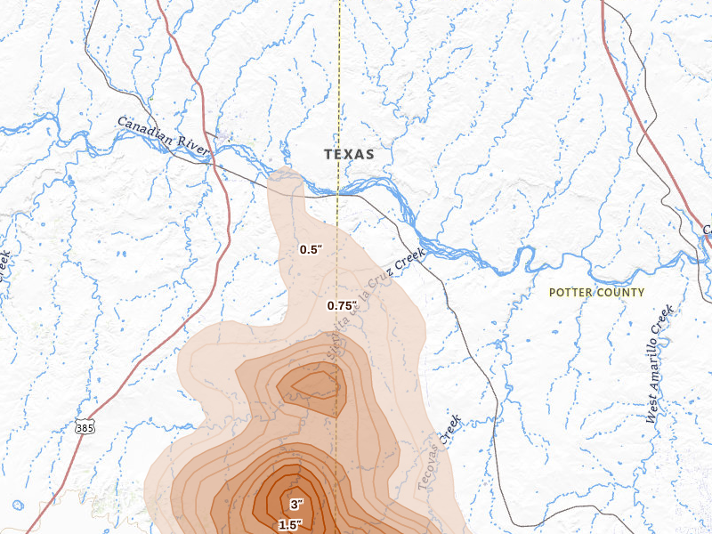 Radar-estimated hail-size map of the storm over Boys Ranch, TX on Jun 23, 2026
