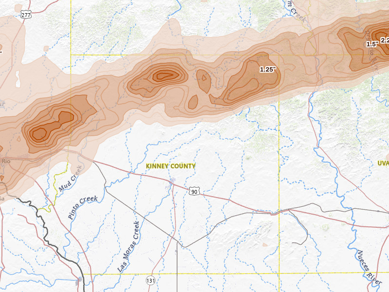 Radar-estimated hail-size map of the storm over Brackettville, TX on Mar 10, 2026