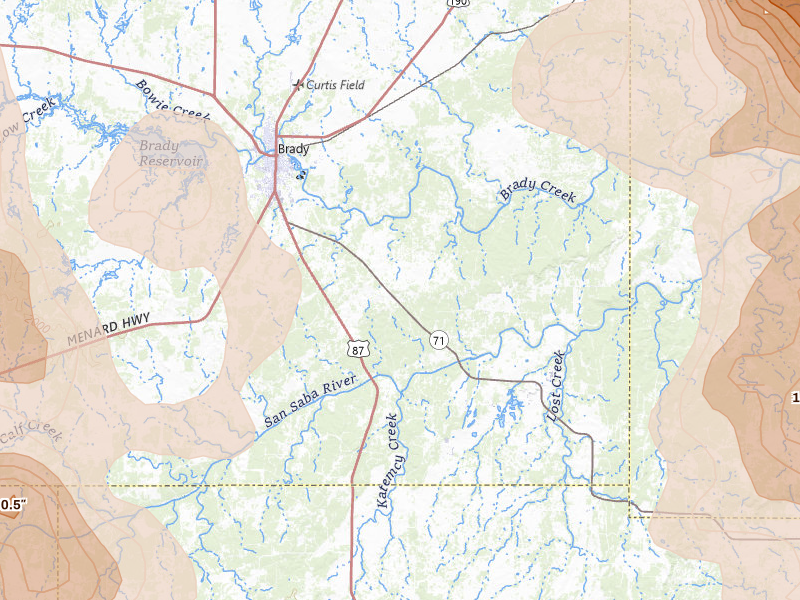 Radar-estimated hail-size map of the storm over Brady, TX on May 10, 2026