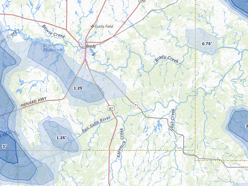 NEXRAD radar-signature map of the hail storm over Brady, TX on May 10, 2026