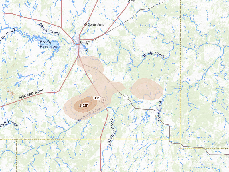 Radar-estimated hail-size map of the storm over Brady, TX on Jun 2, 2026