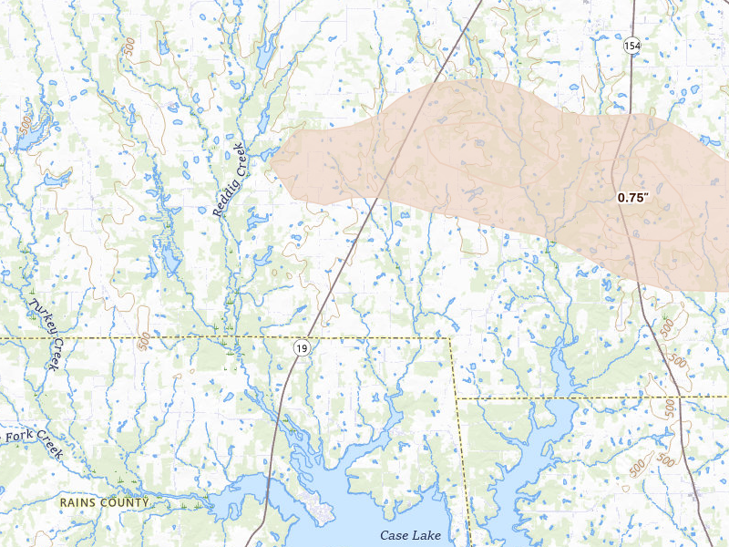 Radar-estimated hail-size map of the storm over Brashear, TX on Apr 29, 2026