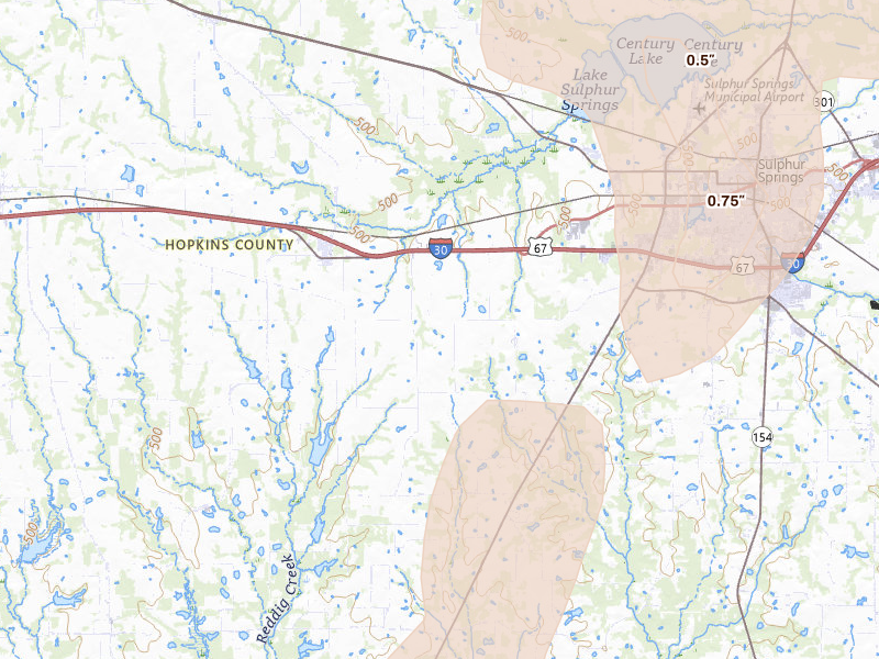 Radar-estimated hail-size map of the storm over Brashear, TX on May 22, 2026