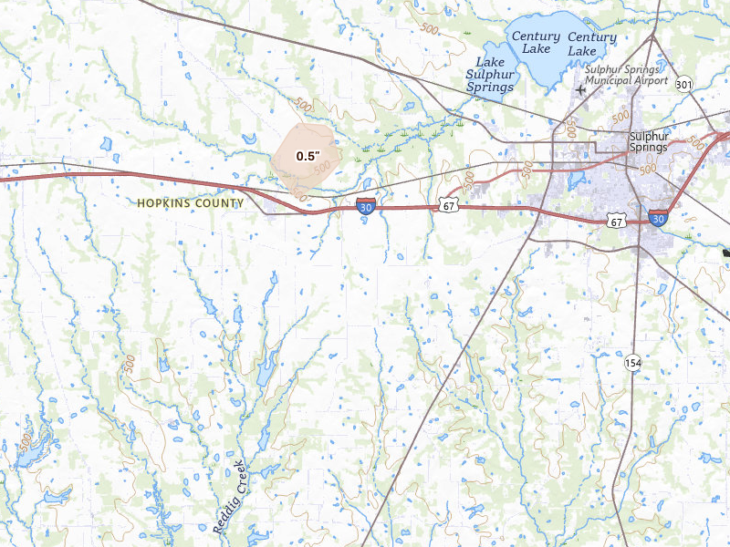 Radar-estimated hail-size map of the storm over Brashear, TX on Aug 22, 2026
