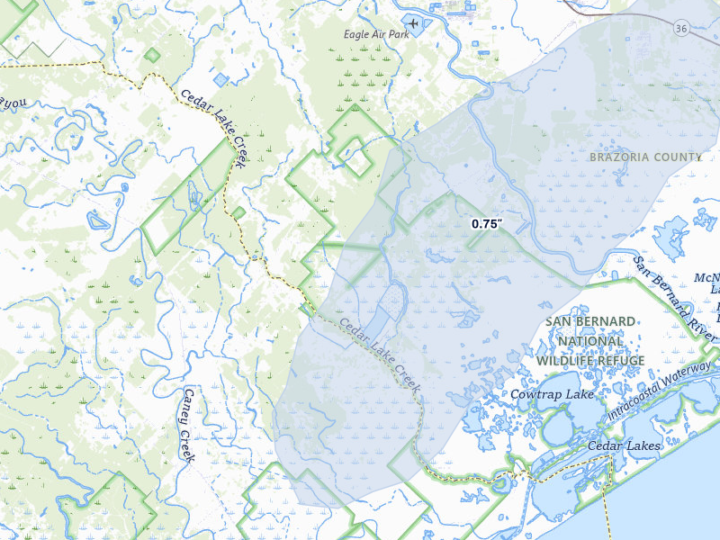 NEXRAD radar-signature map of the hail storm over Brazoria, TX on Jul 22, 2026