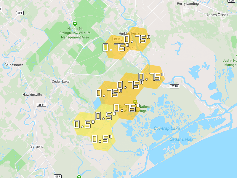Hail map of Brazoria, TX on Jul 23, 2026, hail up to 0.75"