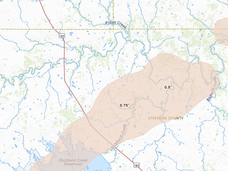 Radar-estimated hail-size map of the storm over Breckenridge, TX on Apr 3, 2026