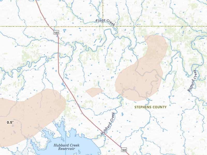 Radar-estimated hail-size map of the storm over Breckenridge, TX on Apr 17, 2026