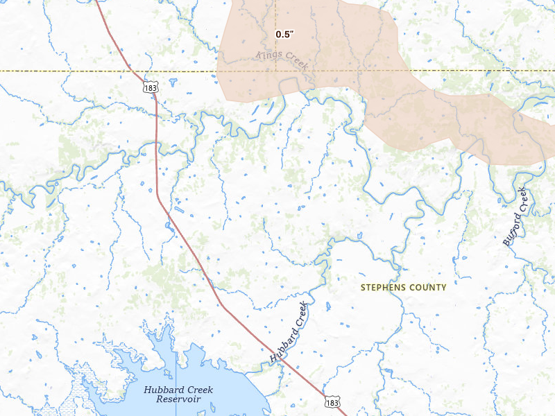 Radar-estimated hail-size map of the storm over Breckenridge, TX on May 10, 2026