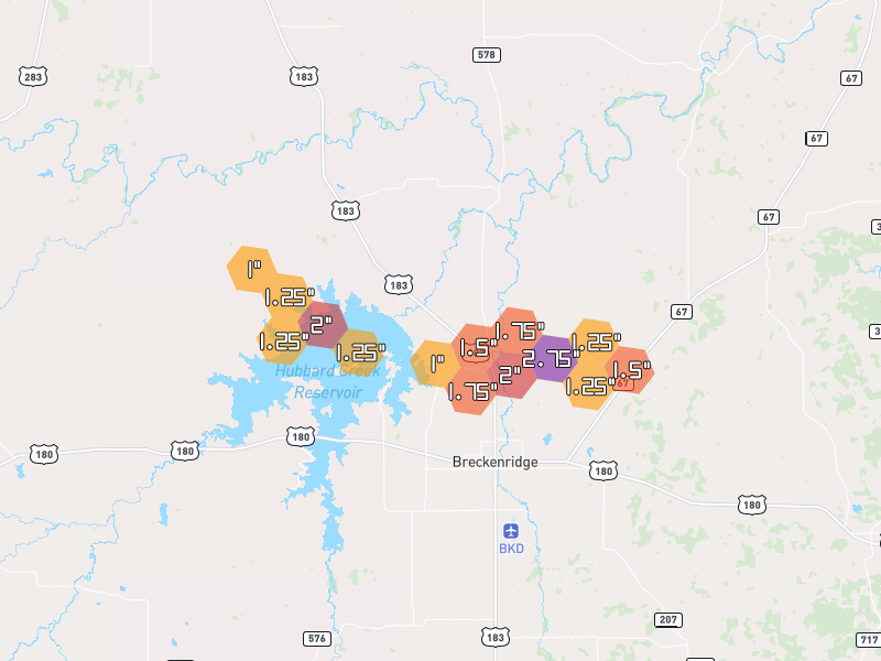 Hail map of Breckenridge, TX on Jun 3, 2026, hail up to 2.75"