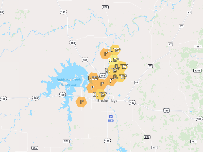 Hail map of Breckenridge, TX on Jun 6, 2026, hail up to 1.25"