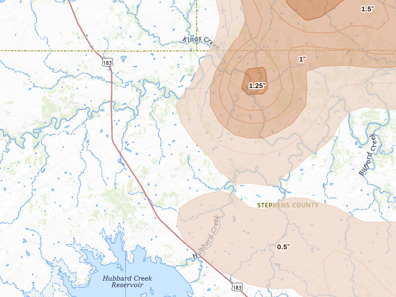 Radar-estimated hail-size map of the storm over Breckenridge, TX on Jul 5, 2026
