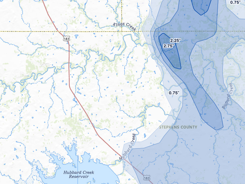 NEXRAD radar-signature map of the hail storm over Breckenridge, TX on Jul 5, 2026