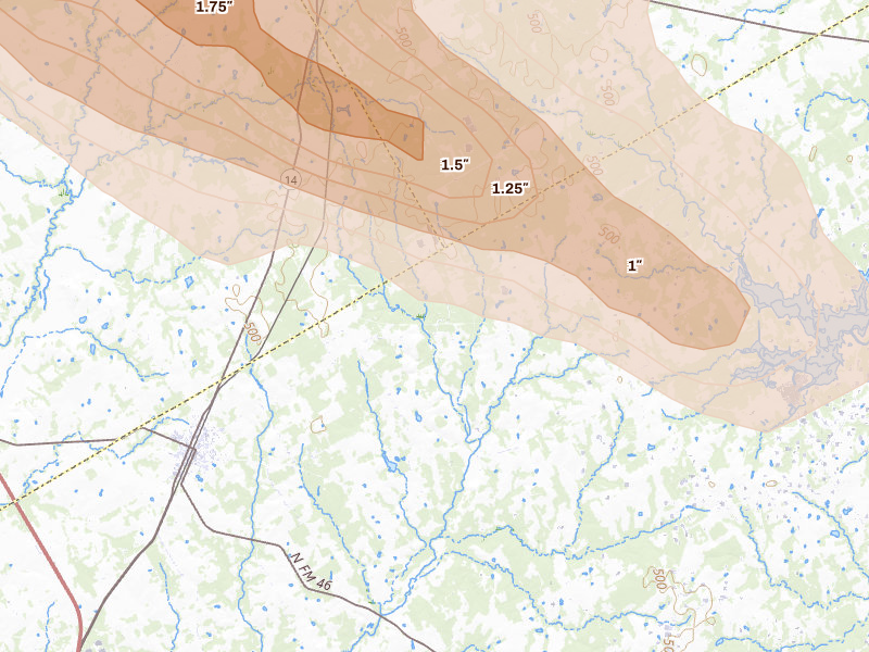 Radar-estimated hail-size map of the storm over Bremond, TX on Apr 28, 2026