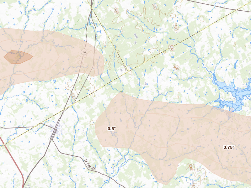 Radar-estimated hail-size map of the storm over Bremond, TX on Apr 29, 2026