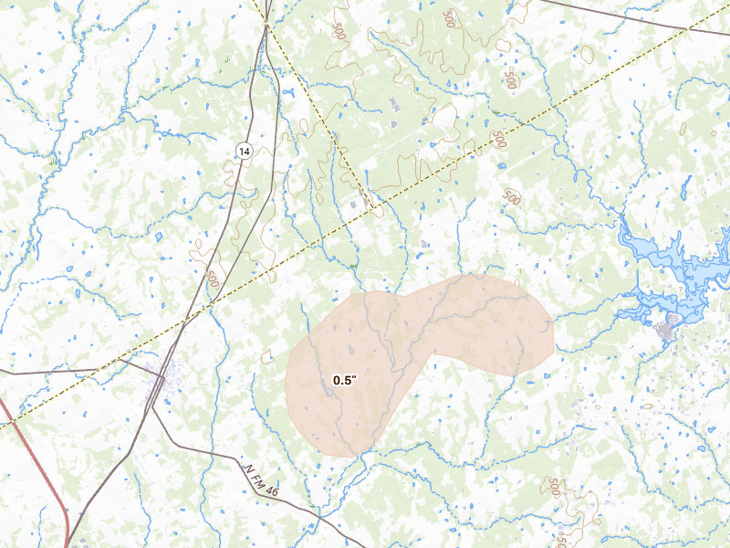 Radar-estimated hail-size map of the storm over Bremond, TX on May 25, 2026