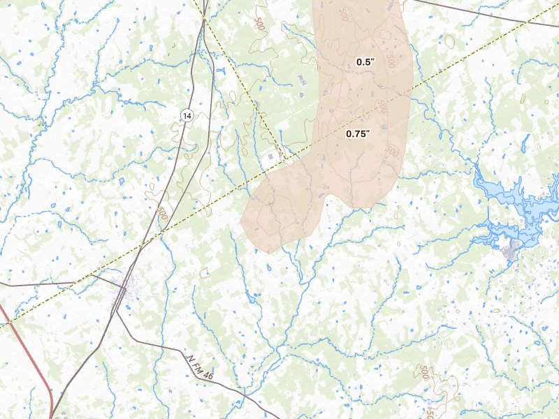 Radar-estimated hail-size map of the storm over Bremond, TX on May 26, 2026