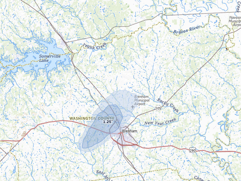 NEXRAD radar-signature map of the hail storm over Brenham, TX on Mar 7, 2026
