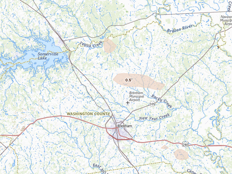 Radar-estimated hail-size map of the storm over Brenham, TX on Mar 15, 2026