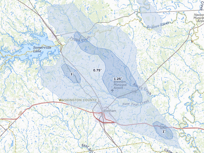 NEXRAD radar-signature map of the hail over Brenham, TX