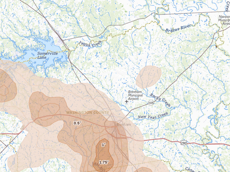 Radar-estimated hail-size map of the storm over Brenham, TX on May 10, 2026