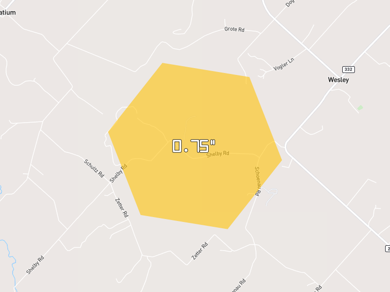 Hail map of Brenham, TX on Jun 2, 2026, hail up to 0.75"