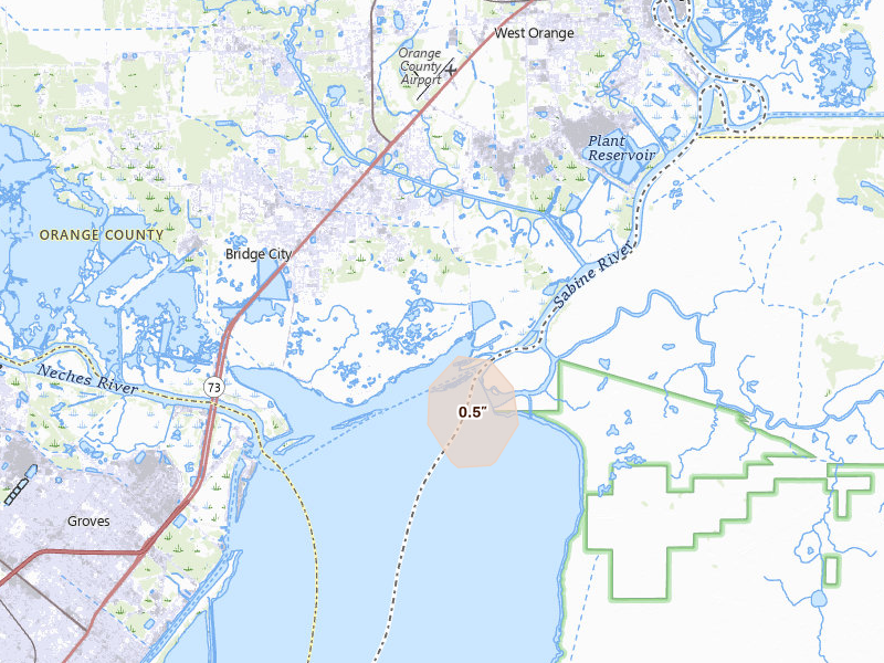 Radar-estimated hail-size map of the storm over Bridge City, TX on Jul 5, 2026