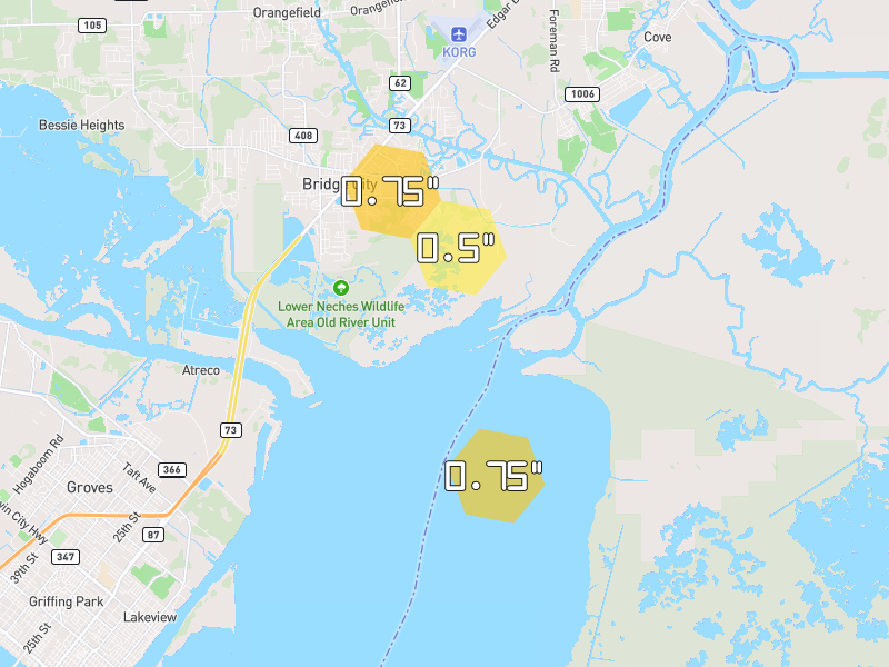 Hail map of Bridge City, TX on Jul 6, 2026, hail up to 0.75"