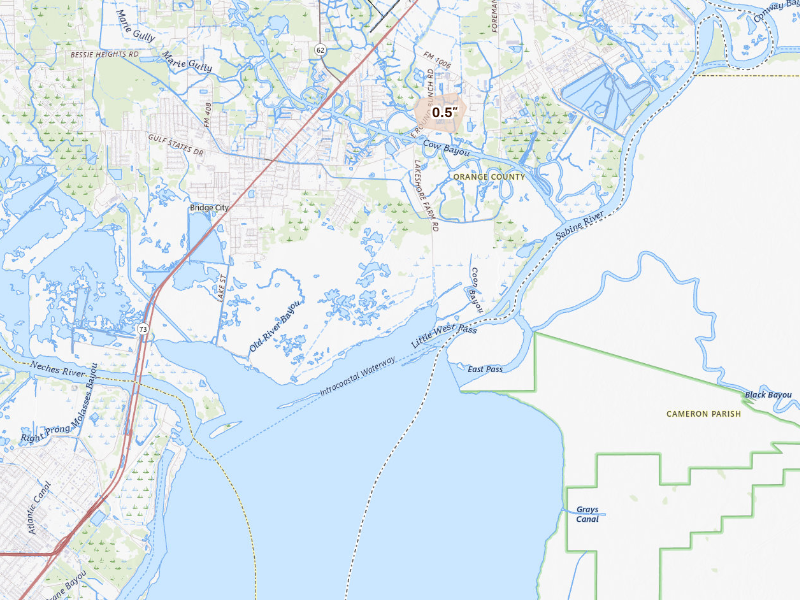 Radar-estimated hail-size map of the storm over Bridge City, TX