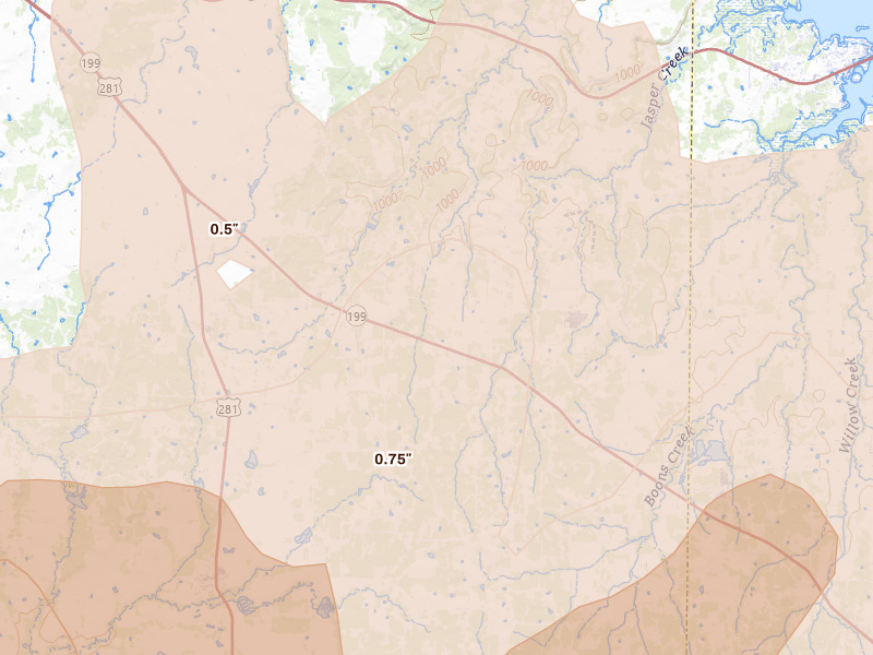 Radar-estimated hail-size map of the storm over Bridgeport, TX on Mar 10, 2026
