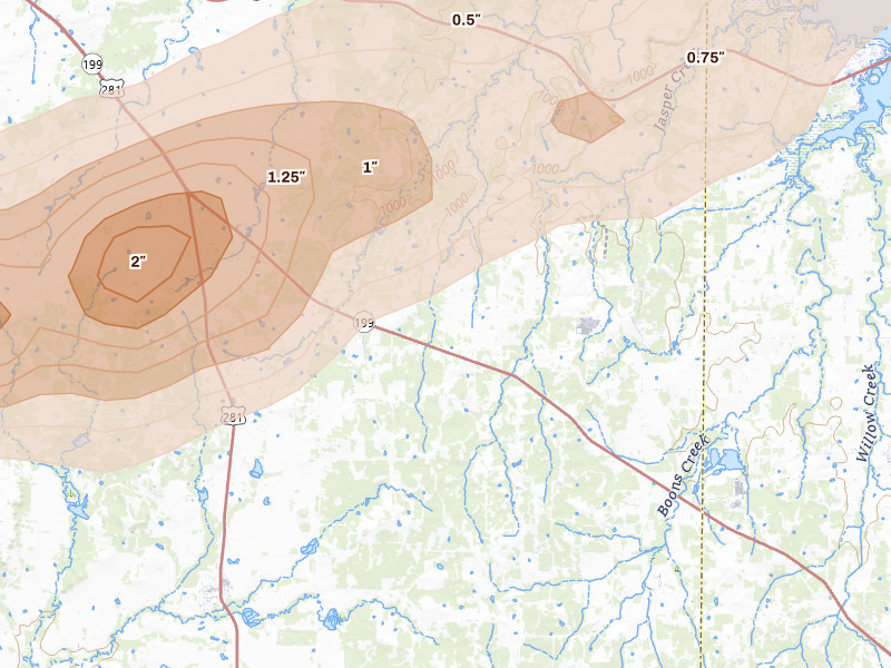Radar-estimated hail-size map of the storm over Bridgeport, TX