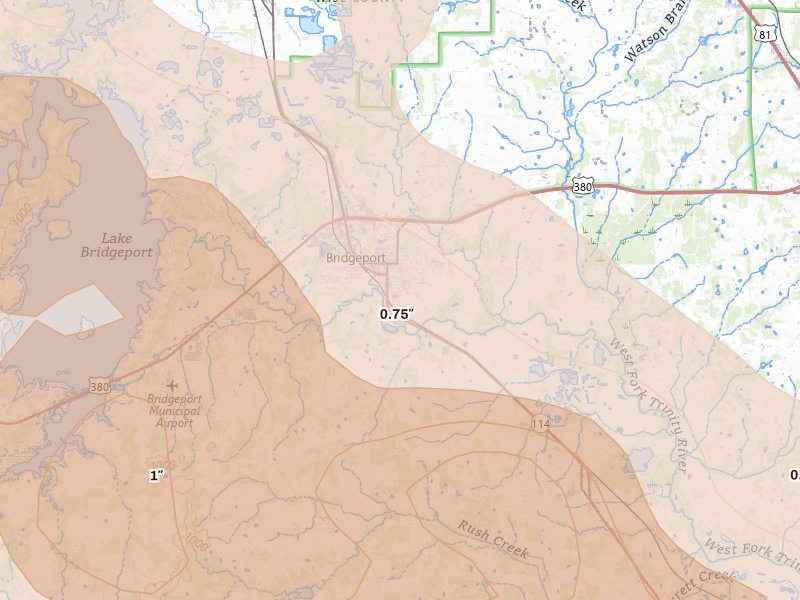 Radar-estimated hail-size map of the storm over Bridgeport, TX on Apr 25, 2026