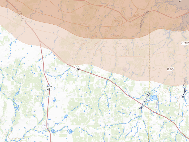 Radar-estimated hail-size map of the storm over Bridgeport, TX on Apr 28, 2026