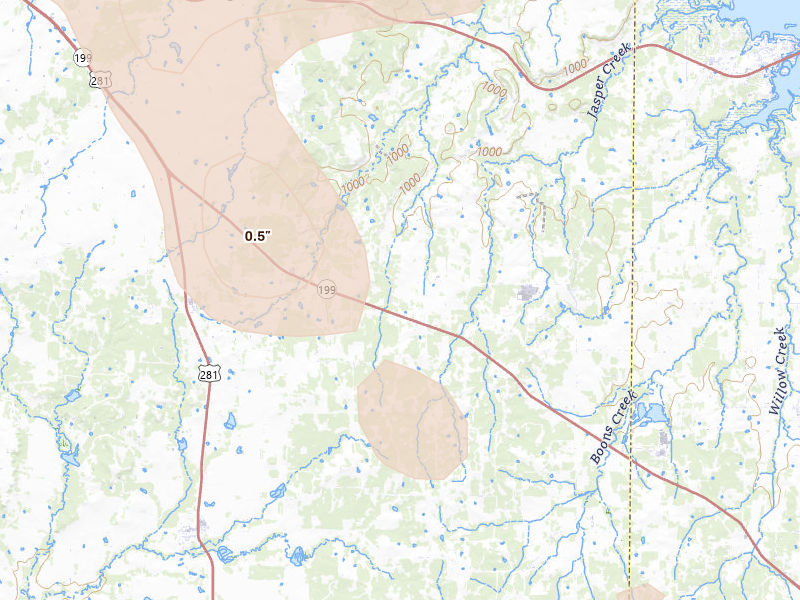 Radar-estimated hail-size map of the storm over Bridgeport, TX on May 8, 2026