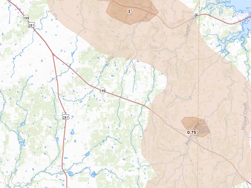 Radar-estimated hail-size map of the storm over Bridgeport, TX on May 28, 2026