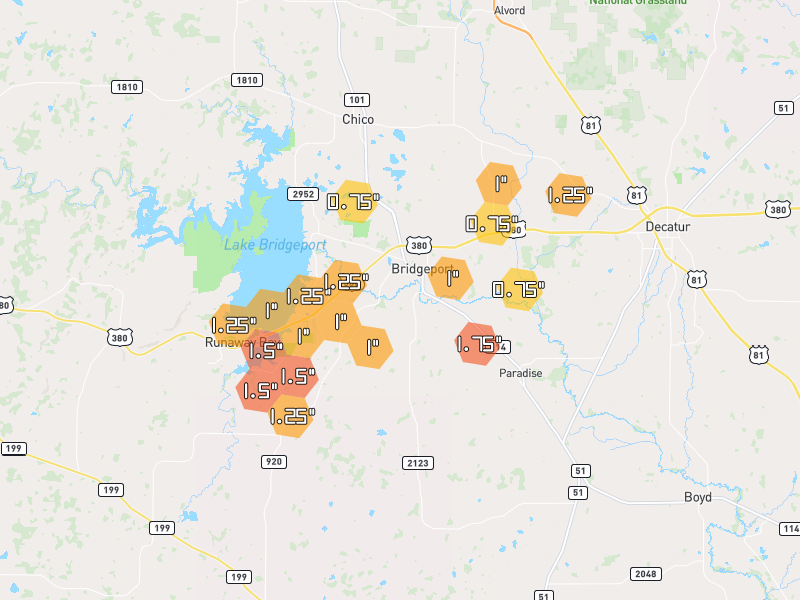 Hail map of Bridgeport, TX on Jun 6, 2026, hail up to 1.75"
