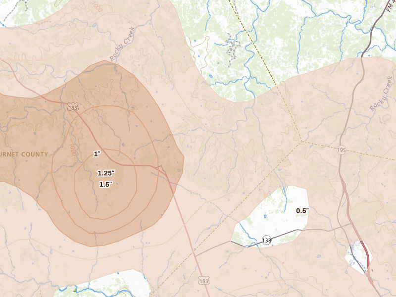 Radar-estimated hail-size map of the storm over Briggs, TX on May 19, 2026