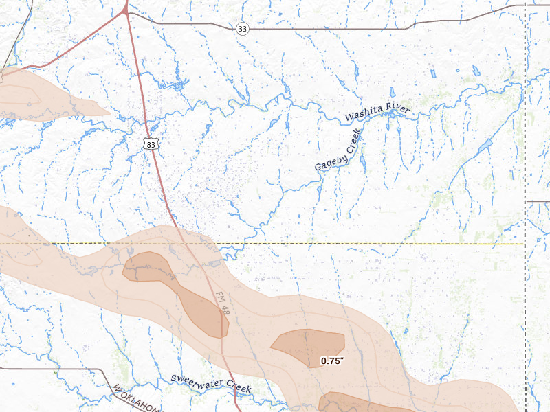 Radar-estimated hail-size map of the storm over Briscoe, TX on May 9, 2026
