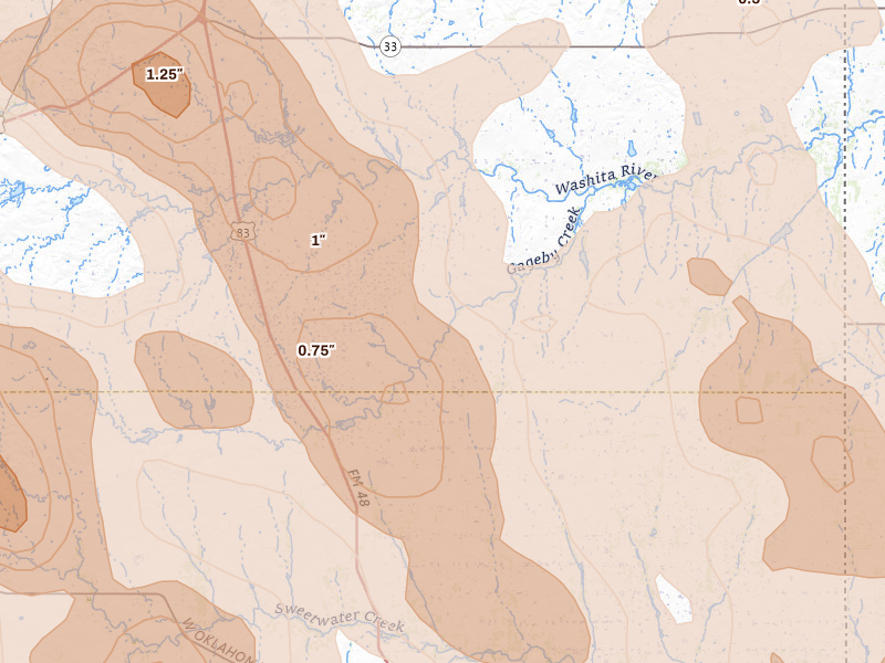 Radar-estimated hail-size map of the storm over Briscoe, TX on Jun 23, 2026
